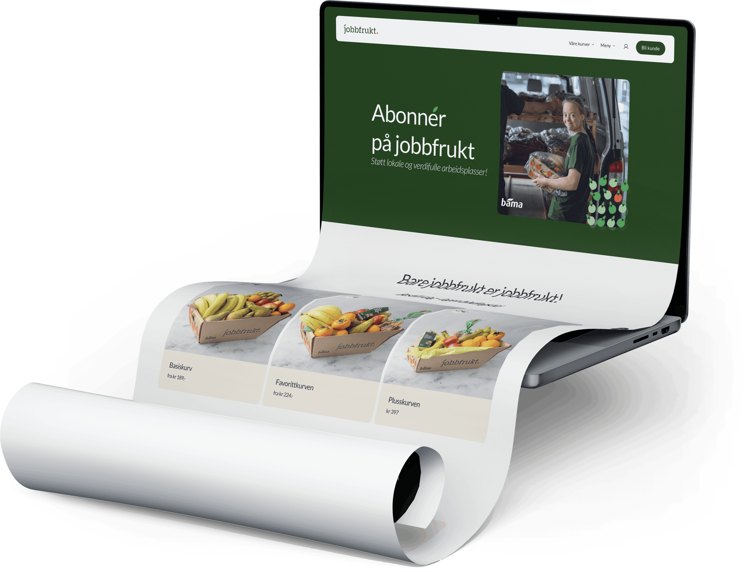 Jobbfrukt-nettsiden på en laptop, med siden som ruller ut av skjermen som et ark